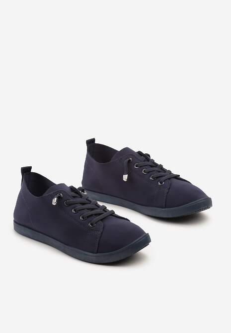 Granatowe Sznurowane Tenisówki z Ozdobnymi Cyrkoniami na Płaskiej Podeszwie Iiloeva