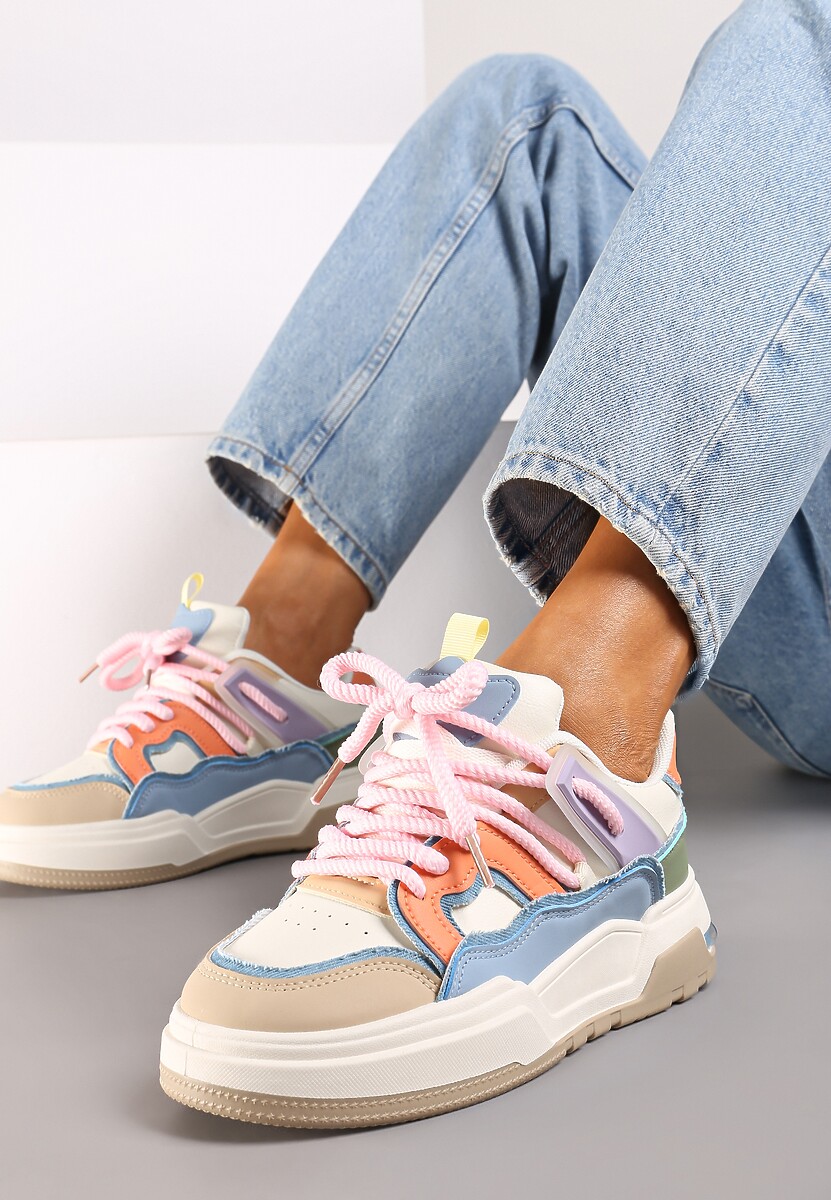 Beżowo-Różowe Sznurowane Sneakersy na Płaskiej Podeszwie Eviline