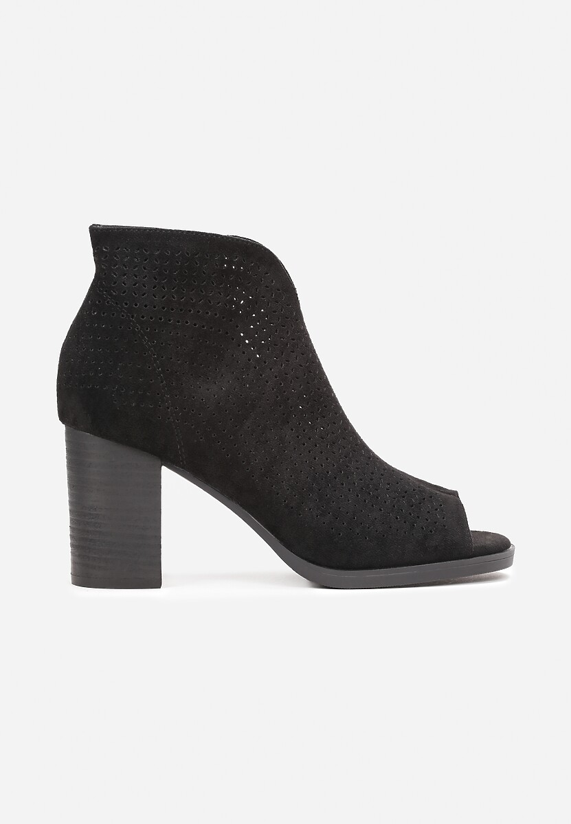Czarne Botki Peep Toe na Słupku Zdobione Drobnymi Wycięciami Sallely