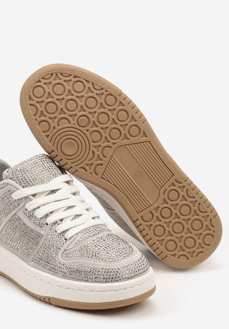 Szare Sneakersy na Płaskiej Podeszwie Wykończone Cyrkoniami Vlisina