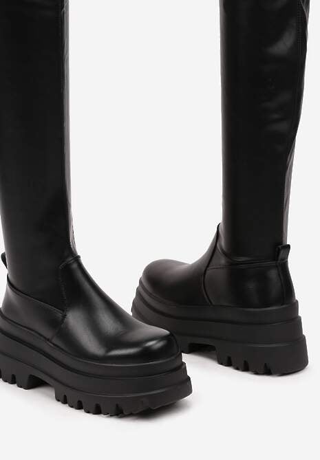 Czarne Dopasowane Kozaki za Kolano na Platformie w Stylu Grunge Irinalla