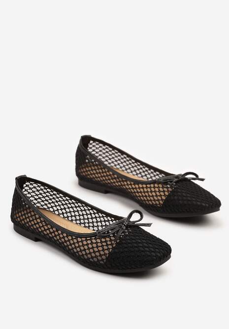 Czarne Siateczkowe Balerinki z Ozdobną Kokardką Nairisola