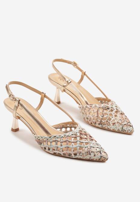 Beżowo-Złote Sandały na Kaczuszce Slingback z Plecionką Clevassa