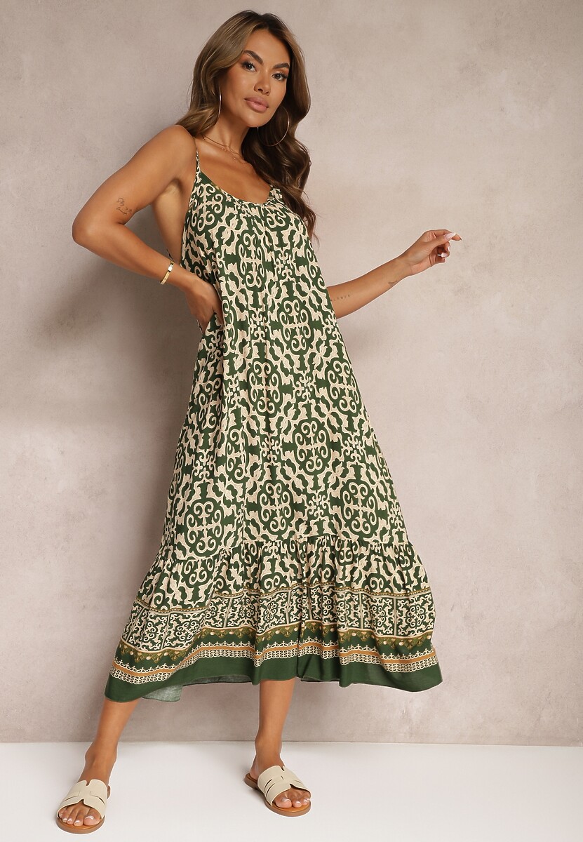 Ciemnozielona Rozkloszowana Sukienka z Bawełny na Cienkich Ramiączkach Nellmaira