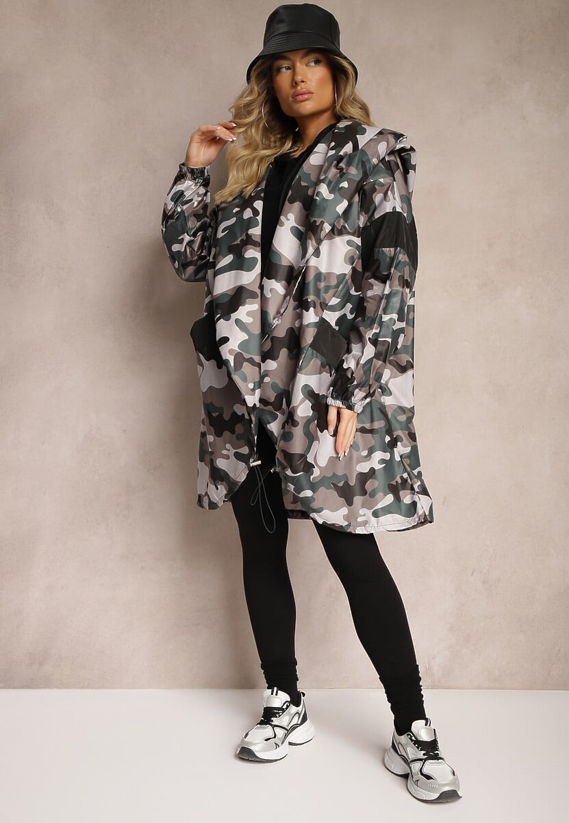 Czarno-Szara Niezapinana Kurtka Wiatrówka z Troczkami i Nieodpinanym Kapturem Irilani