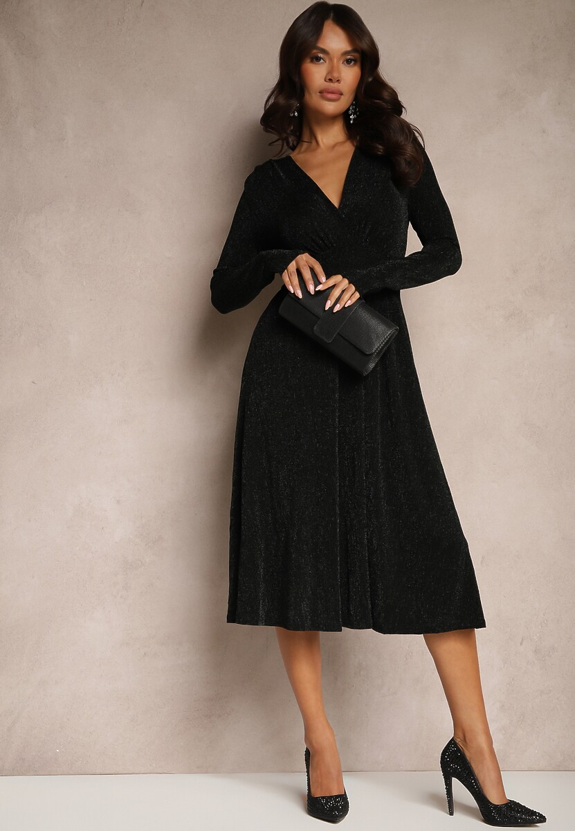 Zielona Rozkloszowana Sukienka z Wiskozą o Taliowanym Kroju Przeszyta Metaliczną Nicią Mesiel