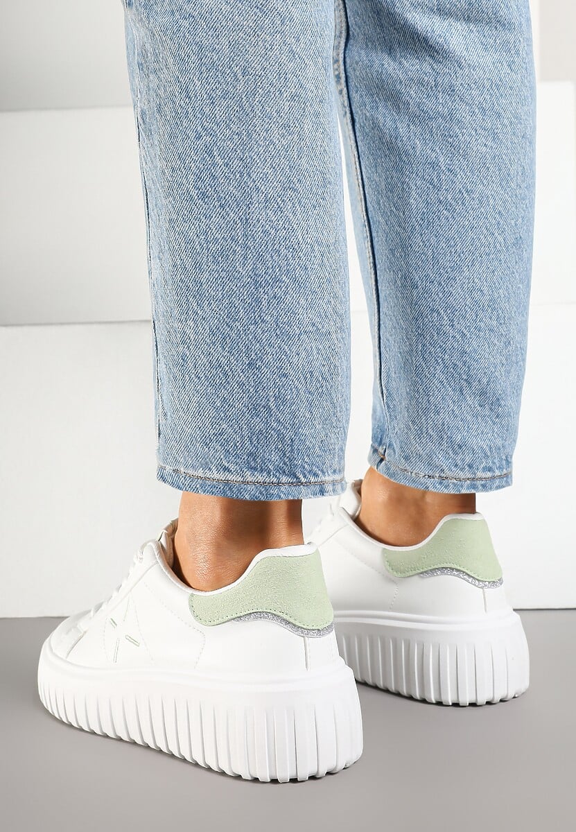 Biało-Zielone Sneakersy na Platformie z Tłoczeniem i Brokatową Wstawką Nuselin