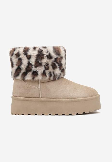 Beżowe Śniegowce z Imitacji Zamszu na Platformie z Futrzaną Cholewką w Panterkowy Wzór Reanithra
