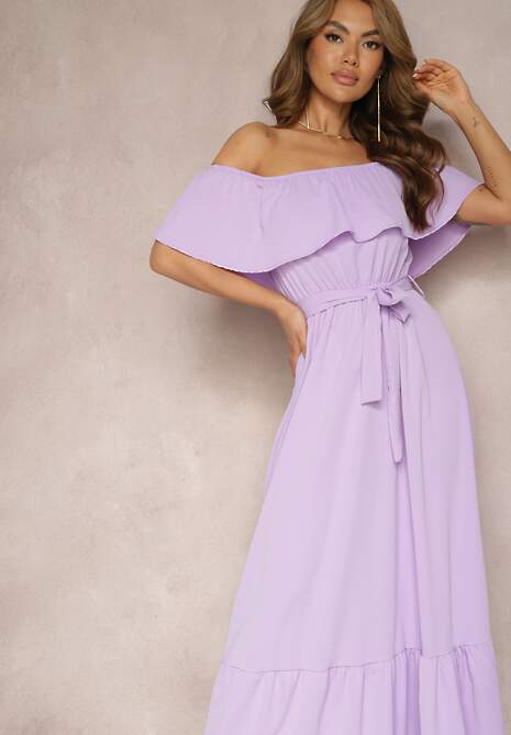 Fioletowa Hiszapanka Sukienka o Rozkloszowanym Fasonie z Falbanką Naviara