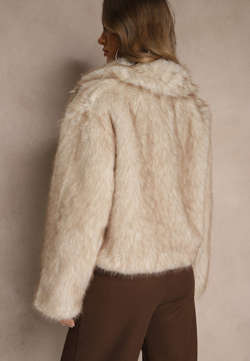 Beżowa Kurtka Futerko o Fasonie Cropped z Kołnierzem Abentia