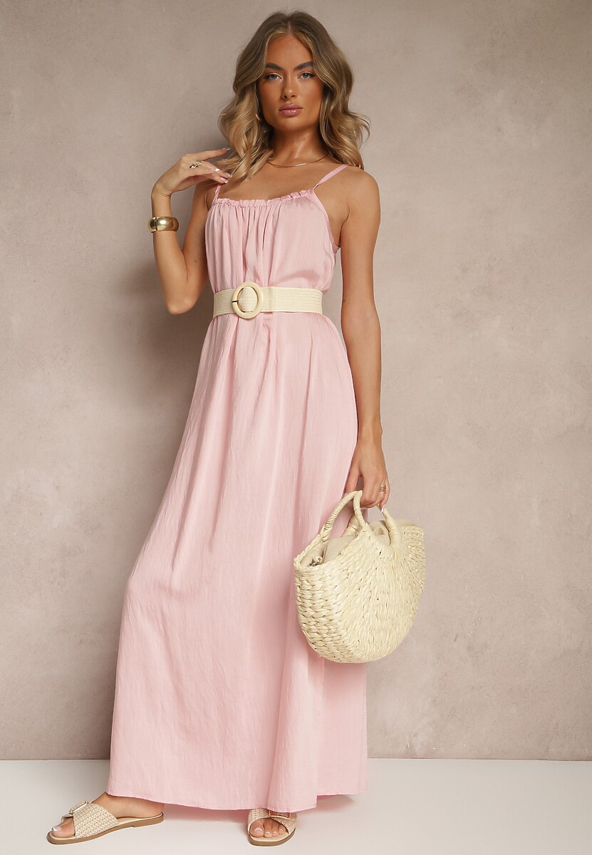 Różowa Sukienka o Rozkloszowanym Kroju z Elastycznym Dekoltem Revore