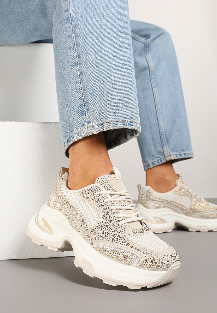 Beżowe Sneakersy na Platformie Ozdobione Cyrkoniami Kornelai