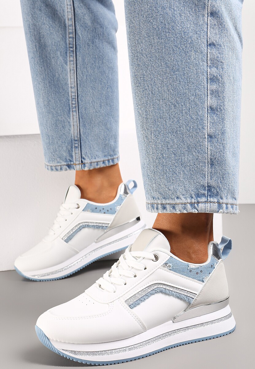 Biało-Niebieskie Sznurowane Sneakersy na Grubej Podeszwie z Cekinami i Brokatem Zallie