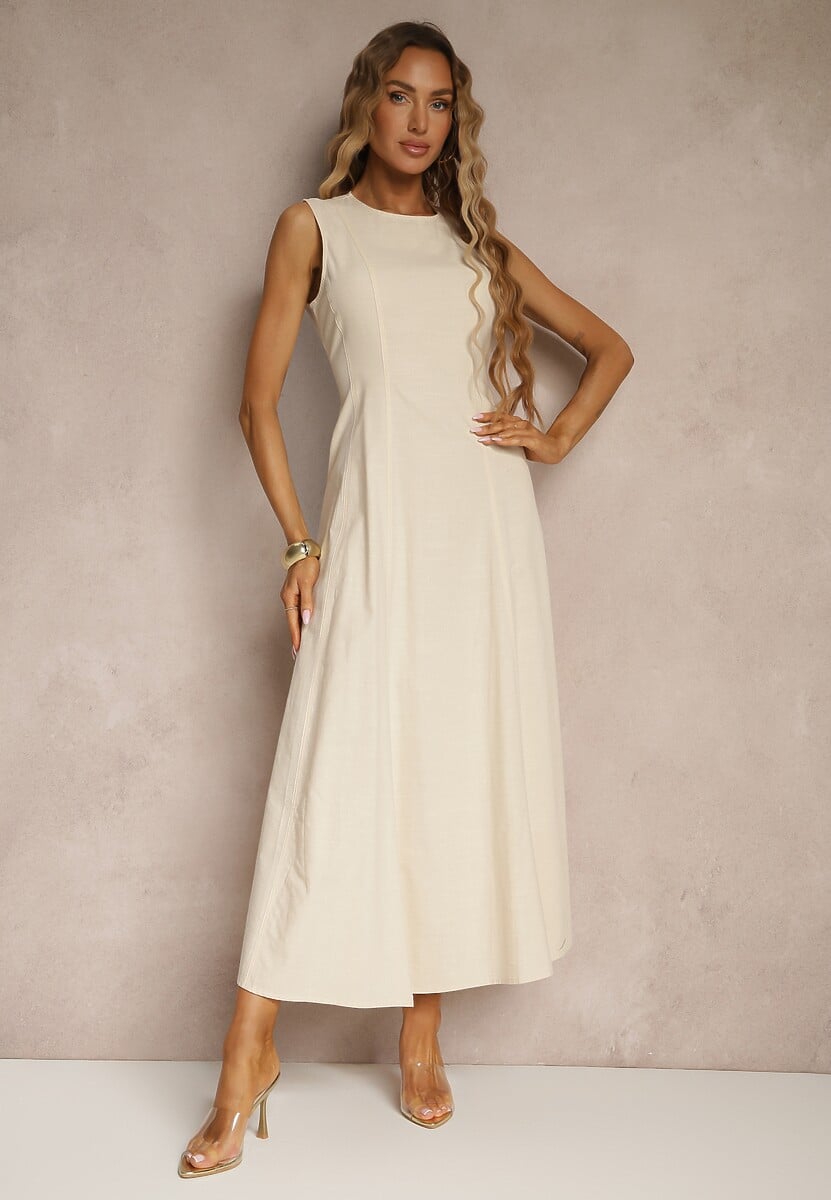 Niebieska Sukienka Rozkloszowana z Wiskozą Bawełną i Rozcięciem na Nogę Saravisse