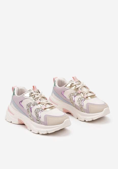 Jasnobeżowe Sznurowane Sneakersy na Platformie Ozdobione Brokatem Betira