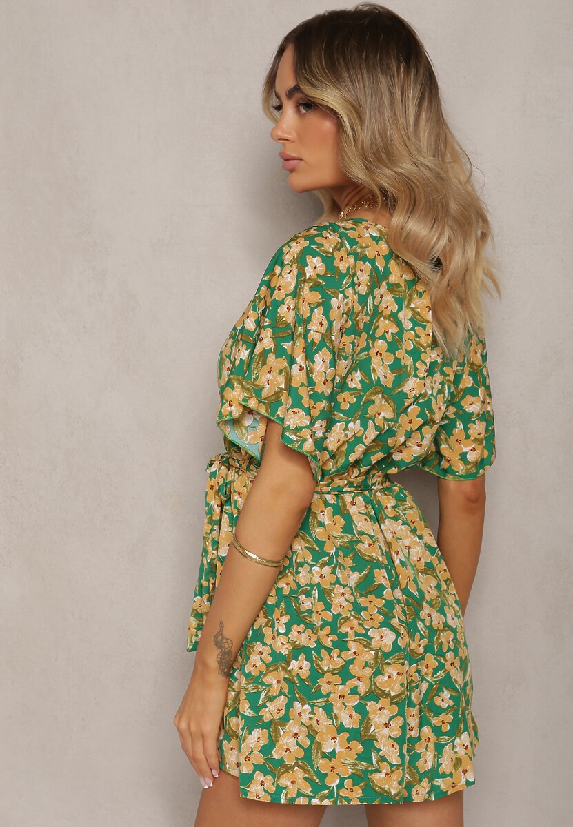 Zielono-Żółty Kombinezon w Kwiaty z Krótkim Rękawem z Gumką w Talii i Paskiem Biacelia