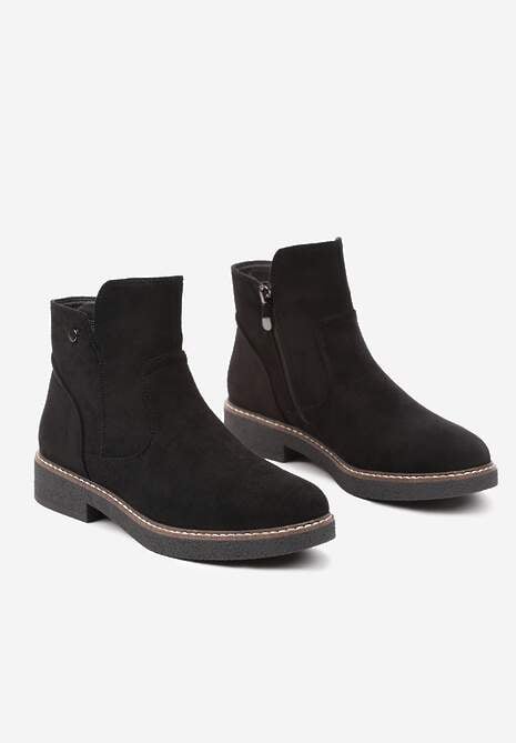 Czarne Botki na Płaskiej Podeszwie z Ozdobnymi Przeszyciami Harirae