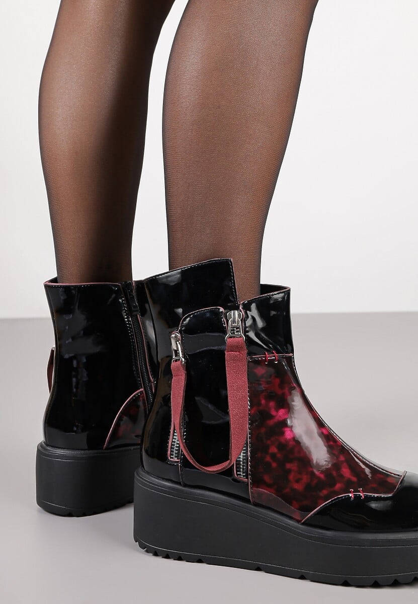 Czarno-Czerwone Botki Lakierowane Vices na Koturnie i Platformie Ozdobione Suwakiem Gattie