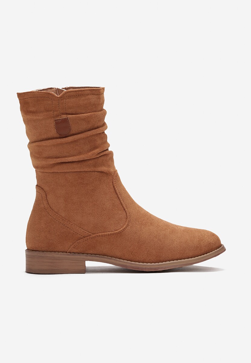 Brązowe Botki do Połowy Łydki z Imitacji Zamszu i Marszczoną Cholewką Alemiphae