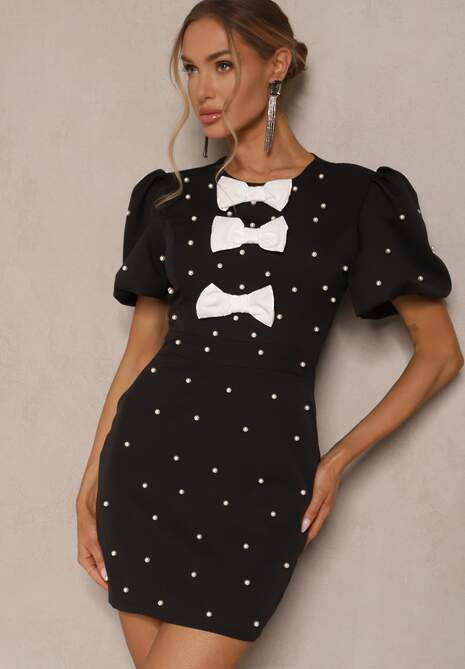Czarna Sukienka Dopasowana z Perełkami i Kokardkami Sovmoi