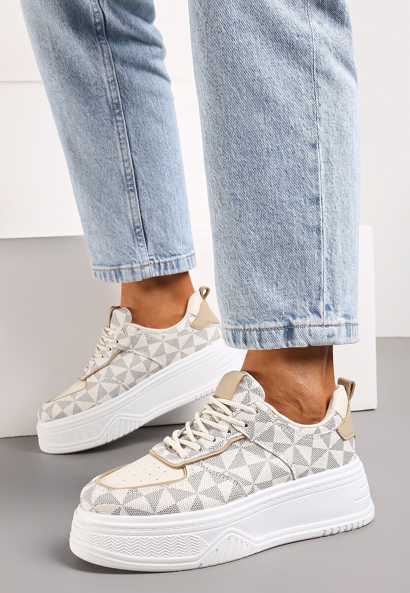 Biało-Szare Sneakersy na Platformie z Geometrycznym Wzorem Xyphera