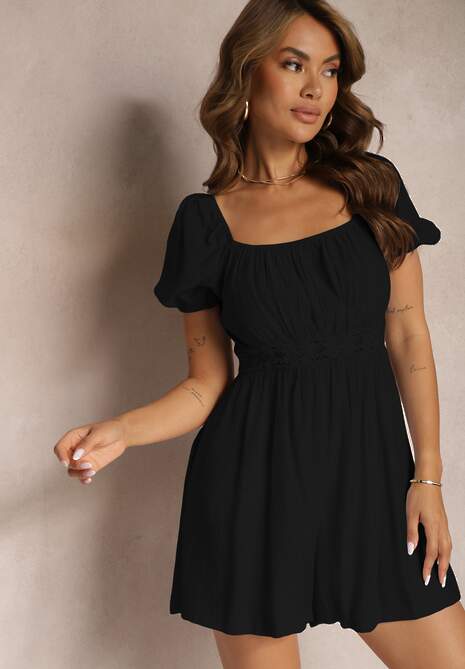 Czarny Wiskozowy Letni Kombinezon z Krótkim Rękawem i Kwadratowym Dekoltem Geviana