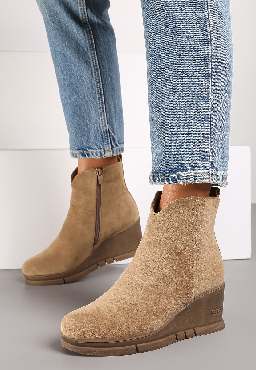 Ciemnobeżowe Casualowe Botki na Koturnie z Ociepleniem Etteora