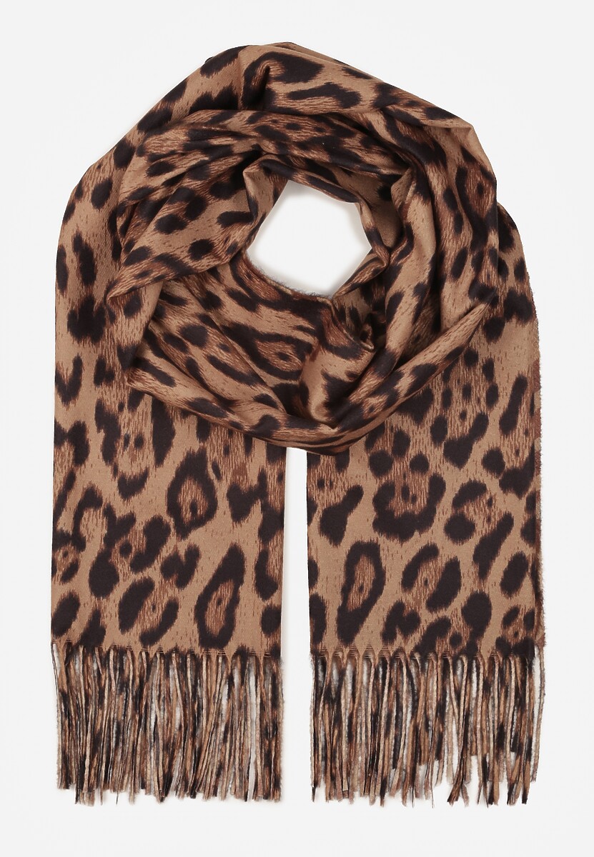 Brązowy Wiskozowy Szalik w Panterkę z Frędzlami Feriella