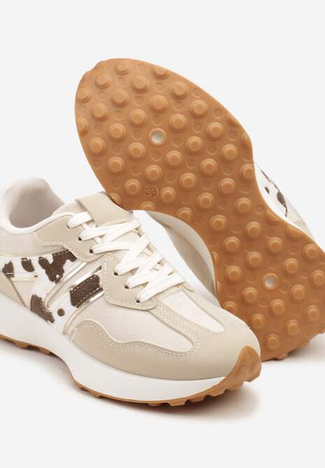 Beżowo-Brązowe Sneakersy Ozdobione Geometrycznym Motywem w Krowie Łaty Rilameia