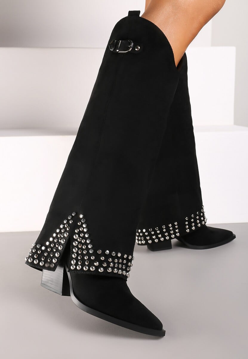 Czarne Kozaki z Ekoskóry w Stylu Kowbojek z Nitami i Wywiniętą Cholewką Irimora