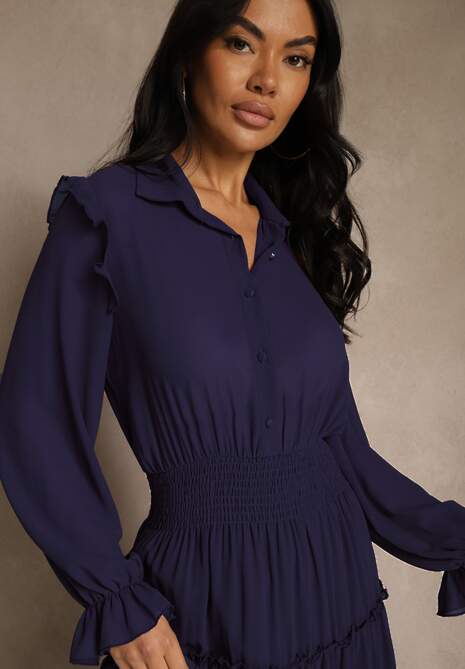 Granatowa Sukienka VICES Koszulowa z Falbaną w Rustykalnym Stylu Arivite