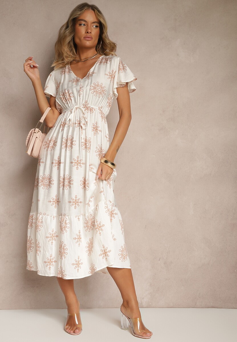 Biało-Beżowa Sukienka z Wiskozy Ozdobiona Falbanką i Kwiatami Lumacelle