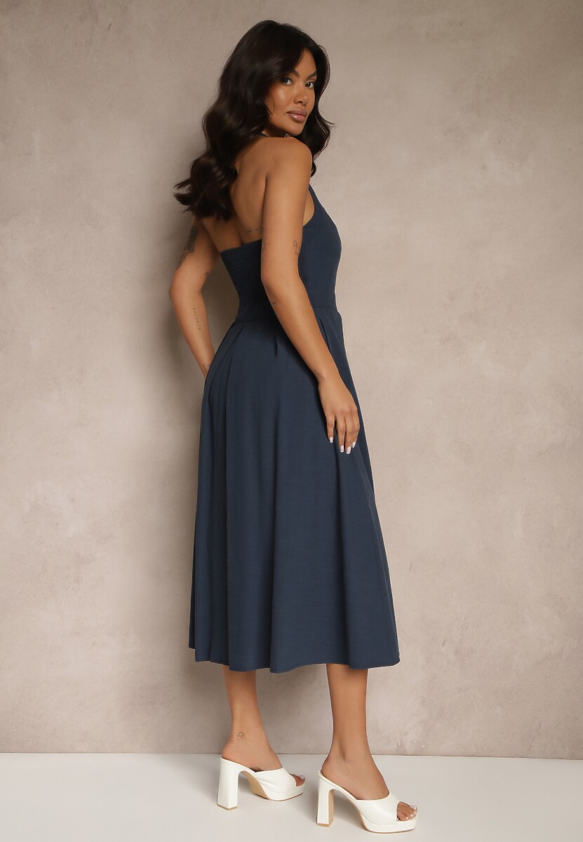 Granatowa Rozkloszowana Sukienka z Bawełną i Wiskozą na Szyję Kinulia