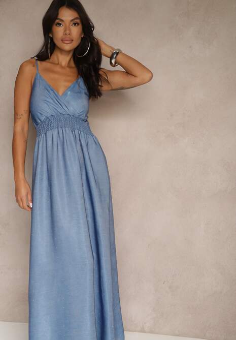 Niebieska Wiskozowa Sukienka o Kopertowym Kroju na Ramiączkach z Cyrkoniami Aravice