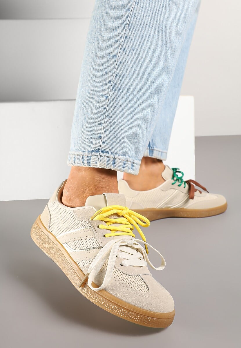 Beżowe Sneakersy z Geometrycznymi Paskami i Podwójnym Wiązaniem Florlevi