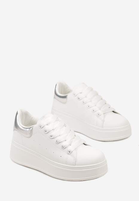 Biało-Srebrne Sneakersy na Platformie Ozdobione Kontrastową Wstawką Aviasta