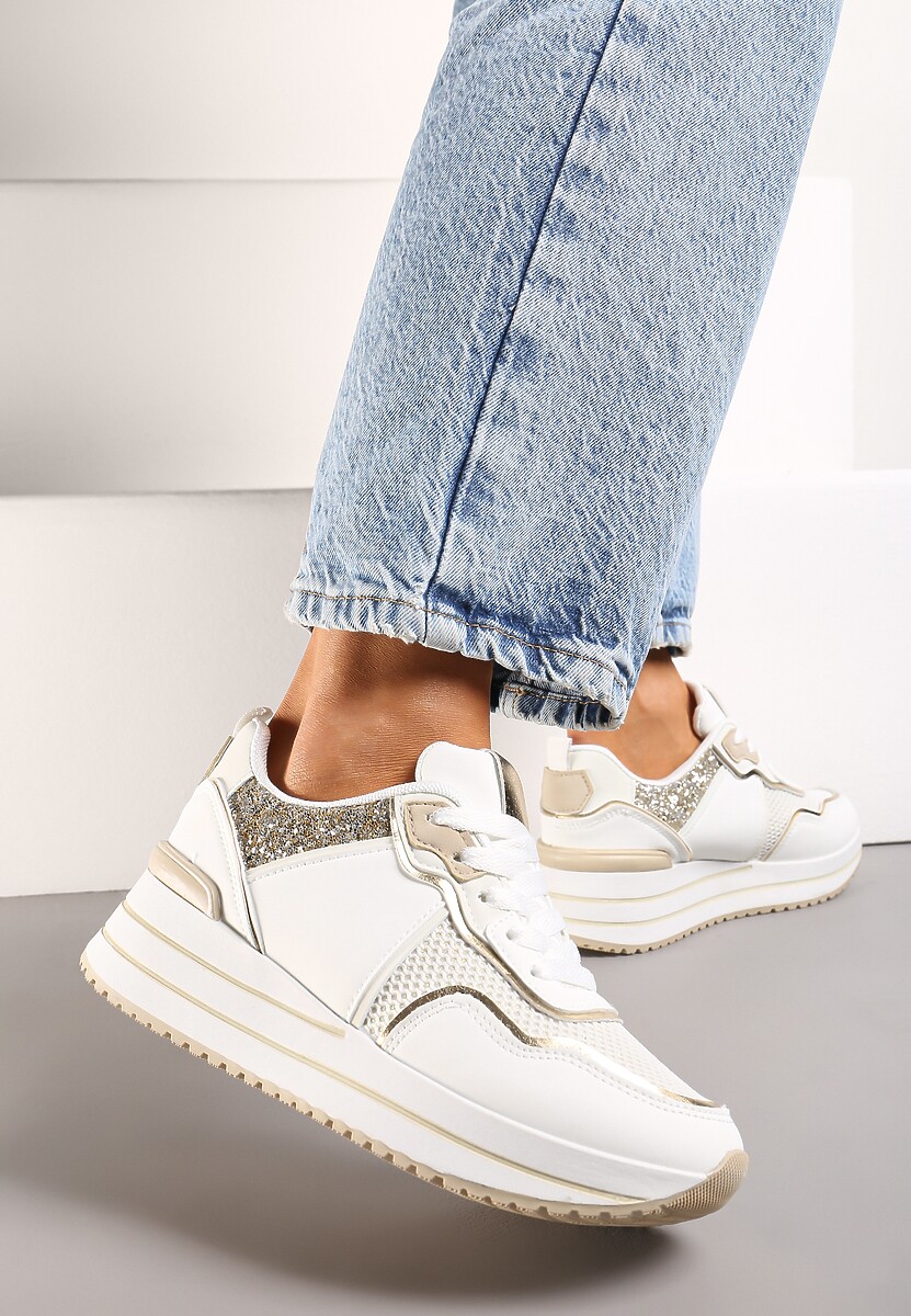 Białe Sneakersy na Niskiej Platformie ze Wstawkami z Brokatu Quinnes