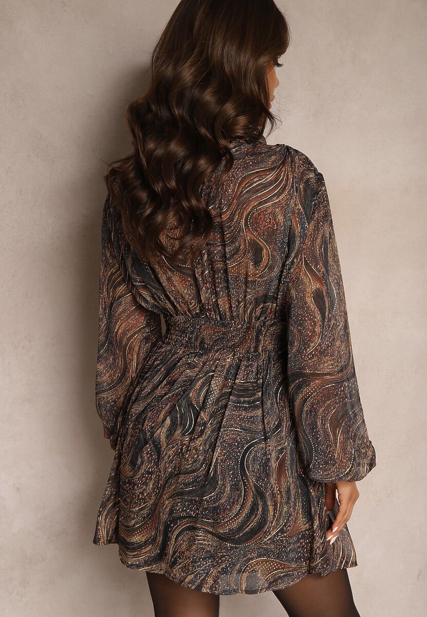 Czarno-Beżowa Taliowana Sukienka o Rozkloszowanym Kroju z Prześwitującymi Rękawami i Stójką Relabia