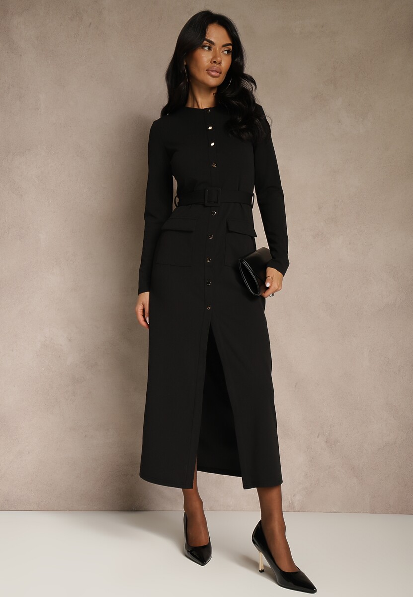 Brązowa Koszulowa Sukienka z Wiskozą Ozdobiona Paskiem i Guzikami Vetionna