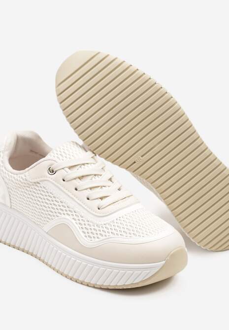 Beżowo-Białe Sneakersy na Tłoczonej Platformie Wilaria