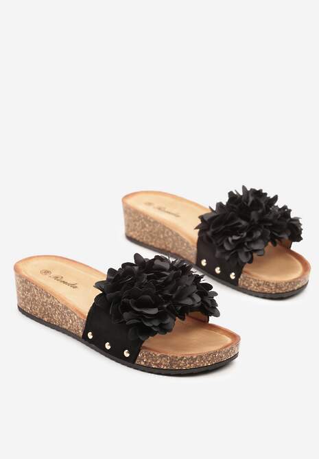 Czarne Klapki na Koturnie z Kwiatem 3D Nevorra