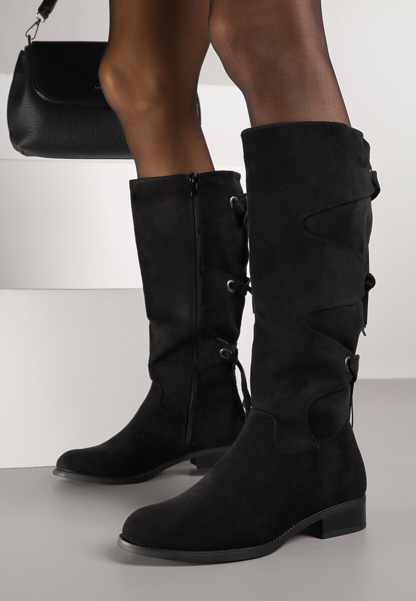 Ciemnobeżowe Ekozamszowe Kozaki z Cholewką Ozdobioną Frędzlami Realenna