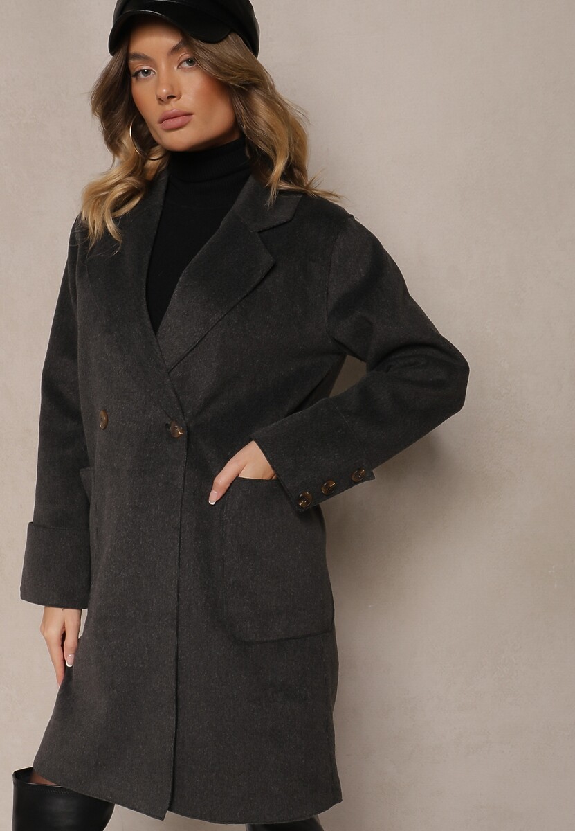 Ciemnoszary Płaszcz z Wiskozą o Dwurzędowym Kroju z Kieszeniami i Wiązanym Paskiem Ninneta