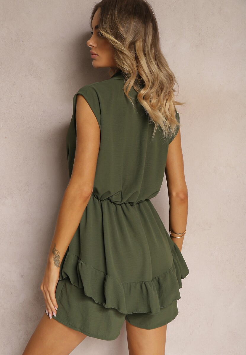 Ciemnozielony Kombinezon z Zakładką Imitującą Spódniczkę i Kołnierzykiem Norinivia