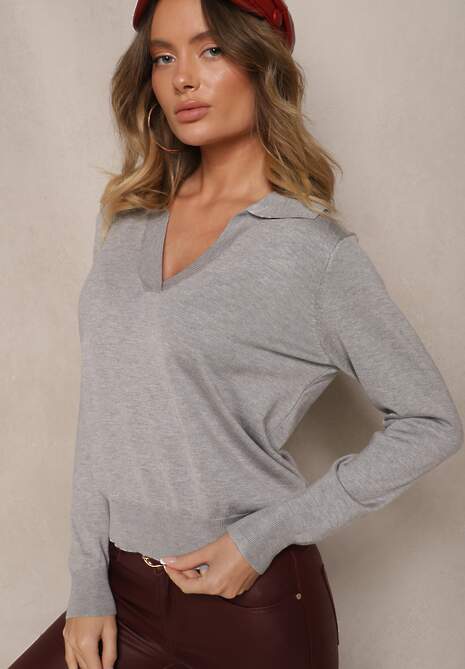 Szary Sweter z Wiskozą i Ozdobnym Kołnierzykiem Ceaola