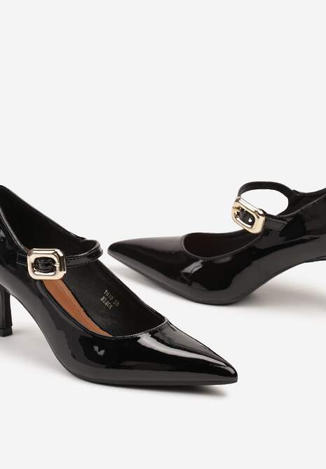 Czarne Lakierowane Czółenka z Paskiem i Klamrą Nevishas