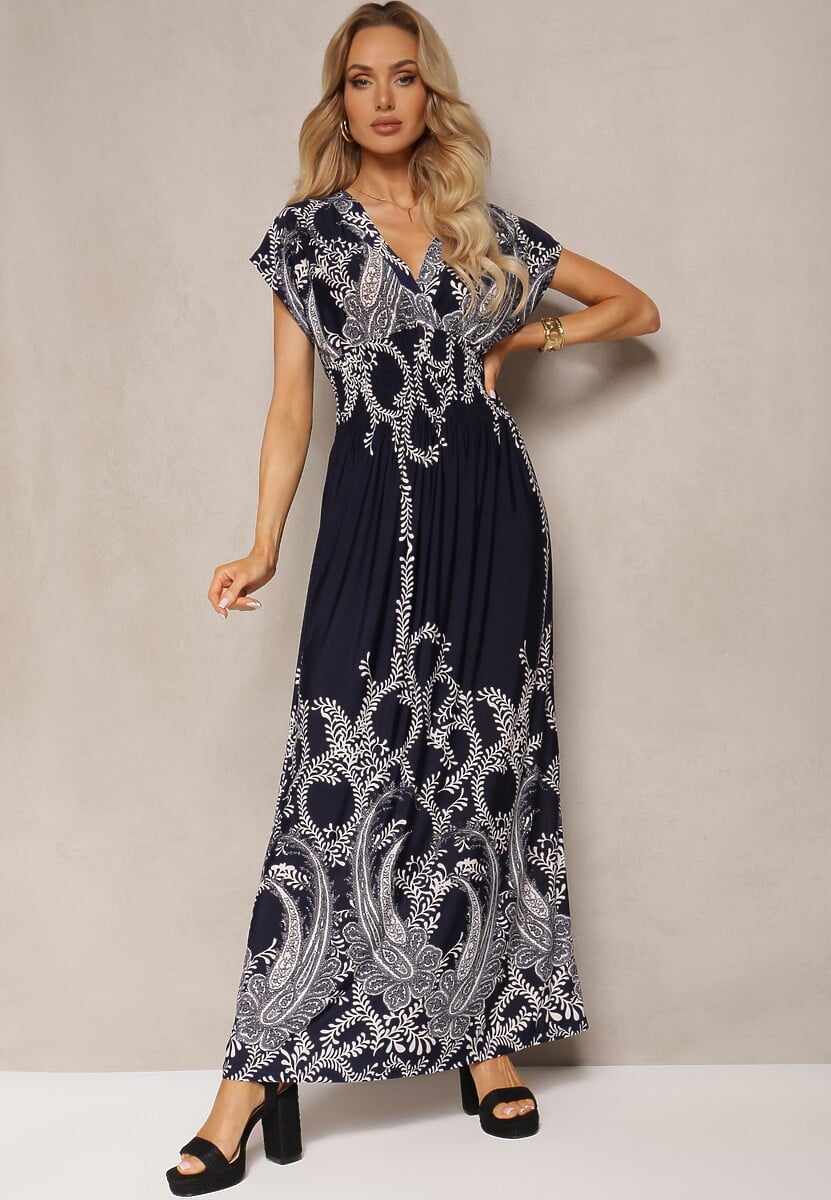 Granatowa Sukienka w Ornamentalny Wzór z Gumką w Talii i Kopertowym Dekoltem Lamera