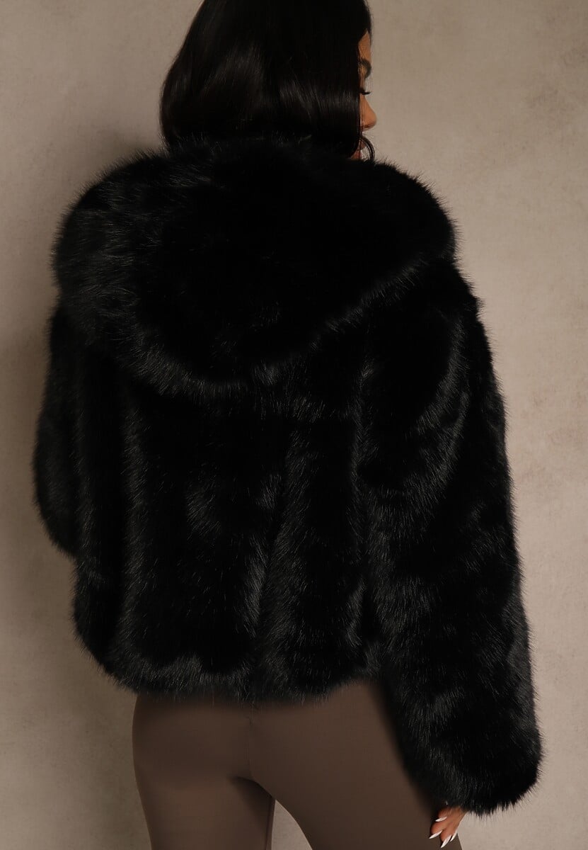 Czarna Kurtka Futro z Nieodpinanym Kapturem Zetera
