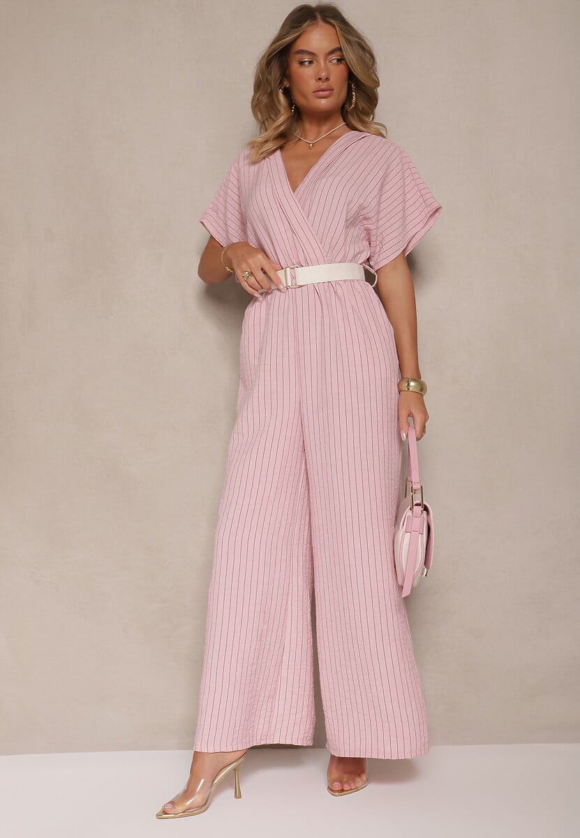 Różowy Kopertowy Kombinezon z Nietoperzowymi Rękawami i Paskiem Tollamira