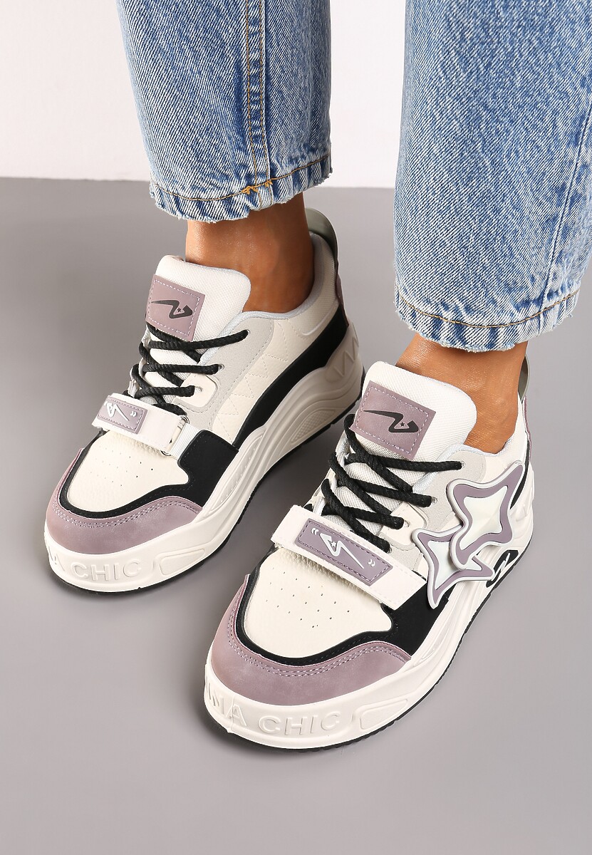 Beżowo-Fioletowe Sneakersy na Platformie z Grubymi Sznurowadłami i Zapięciem na Rzep Arlaia